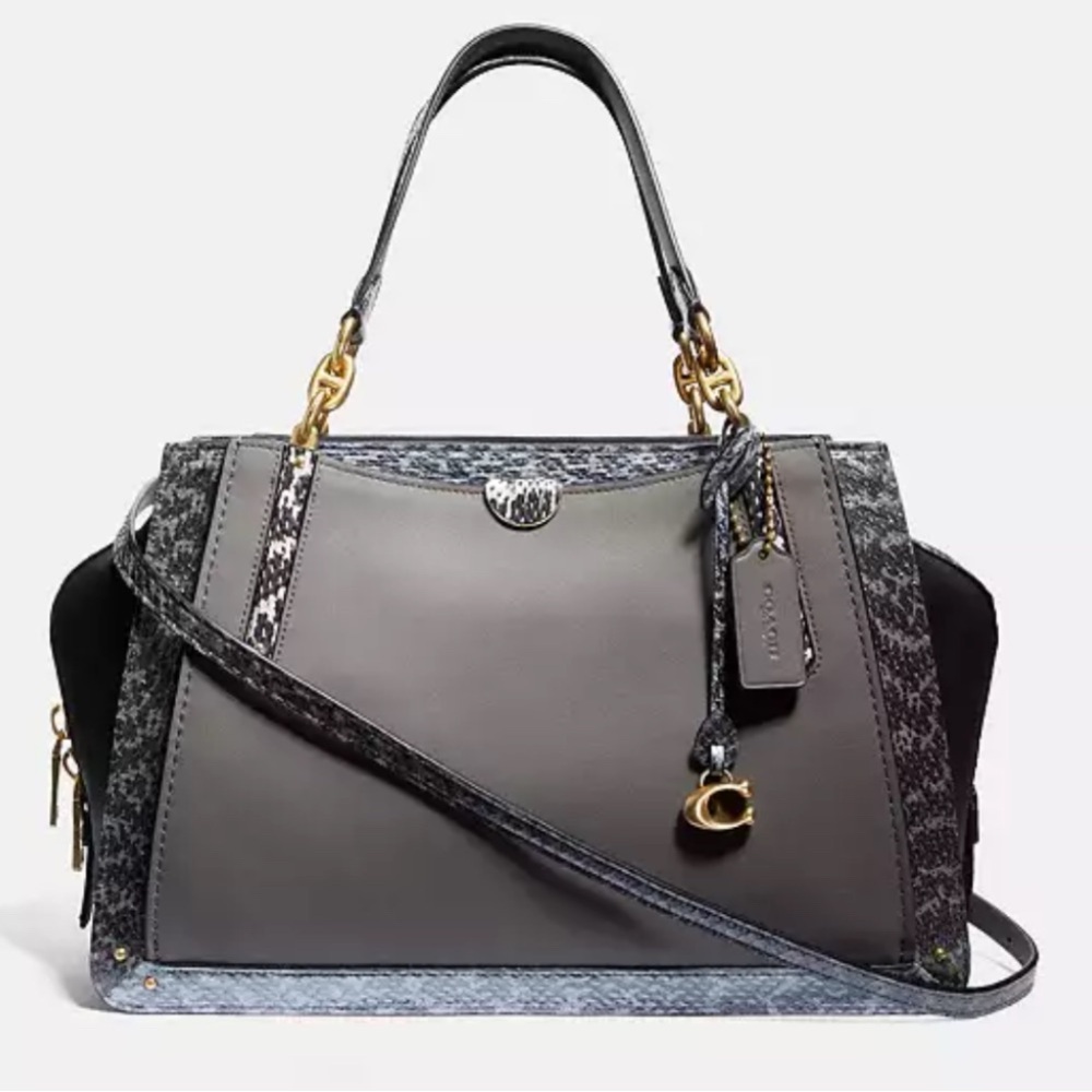 Coach Gray and Black Leather Tote with Gold Hardware